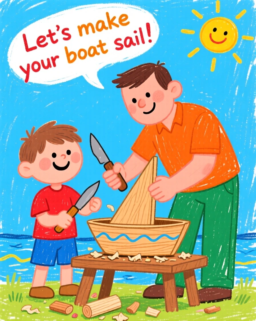 A father teaching his son to whittle a small wooden boat.