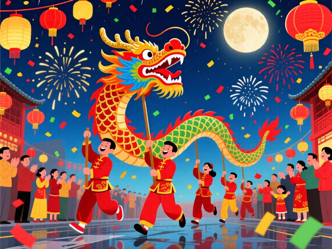 A Lunar New Year parade with a colorful dragon dance, set beneath a glowing night sky filled with celebration, arranged with confetti or lights adding sparkle to the scene, with a joyful sense of togetherness and celebration.