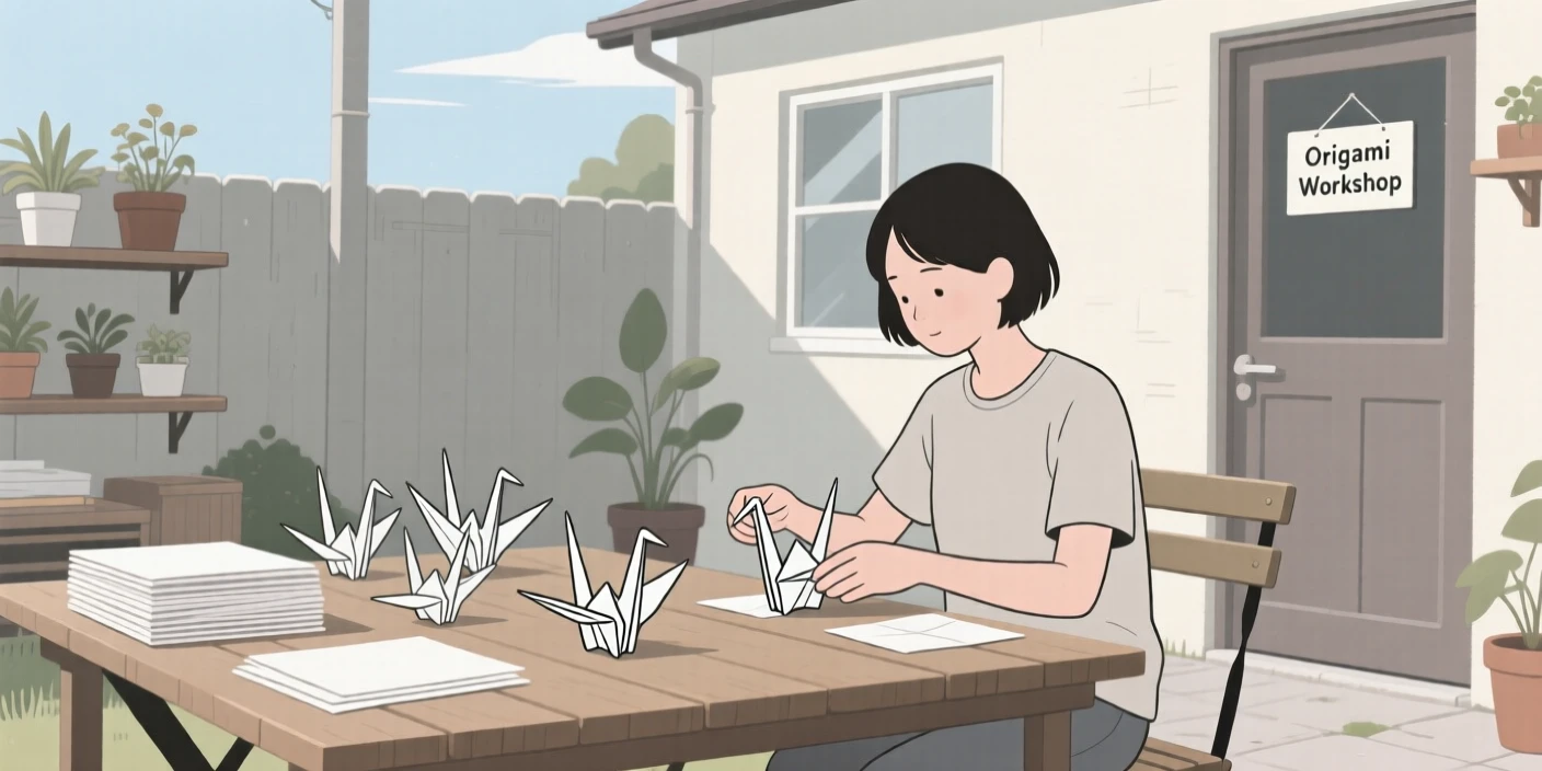 A person folding origami cranes in a backyard workshop.