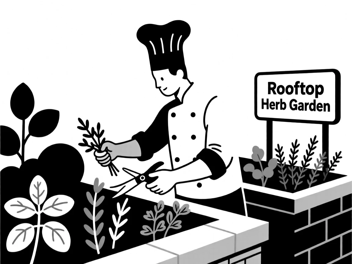 A chef harvesting herbs from a rooftop garden.