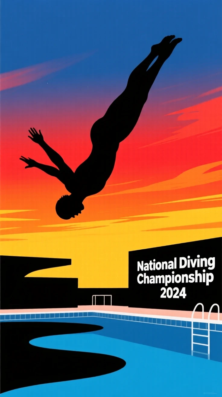 A diver frozen mid-flip high above a pool during a competition dive.