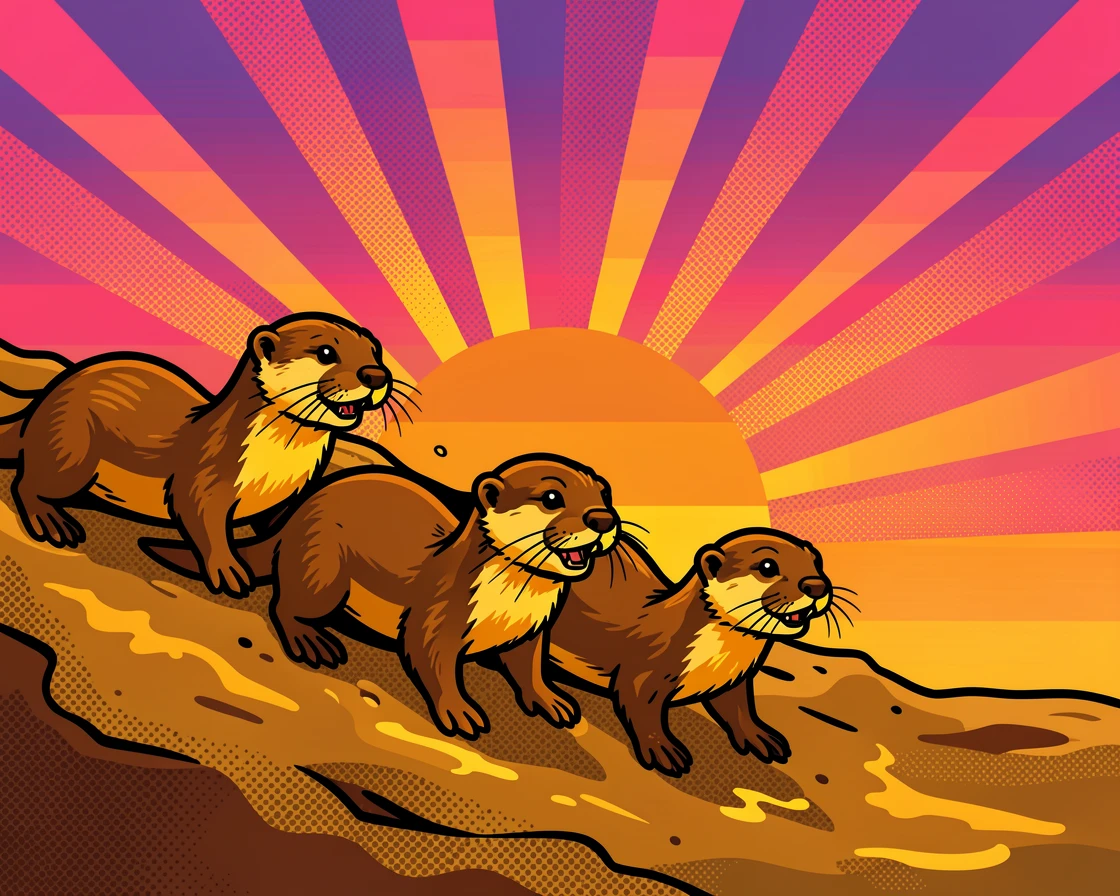 A family of otters sliding down a muddy bank silhouetted against a lit sunset