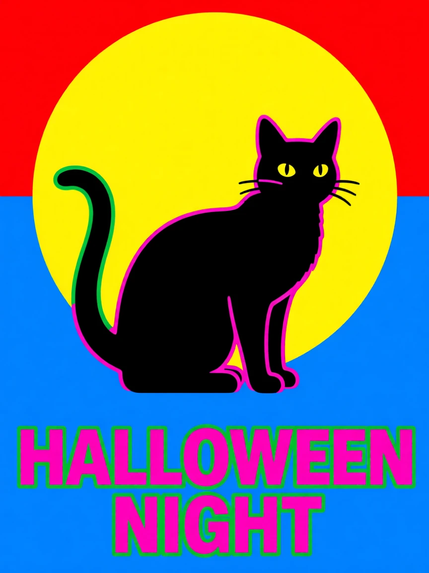 Halloween black cat silhouette against a full moon