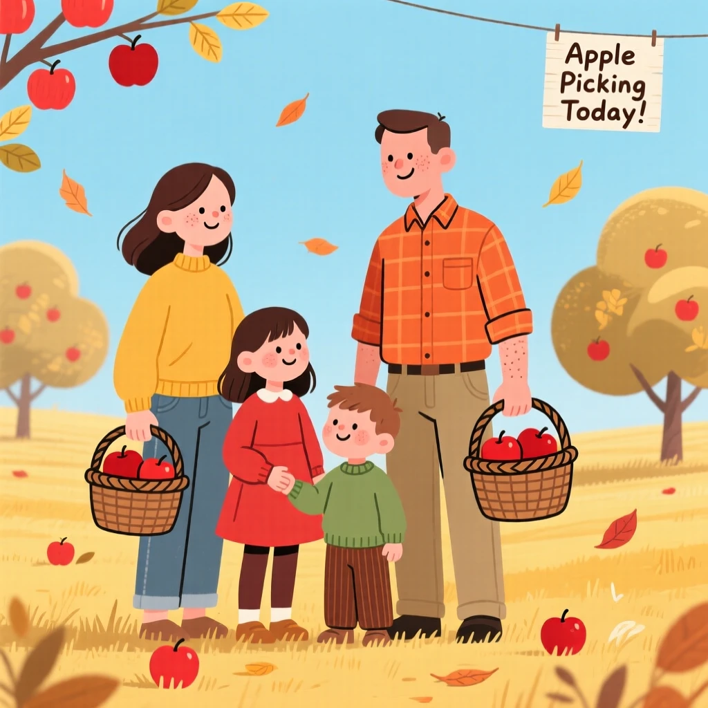 A family gathers apples in a golden field as red and gold leaves drift down around them under a crisp blue sky.