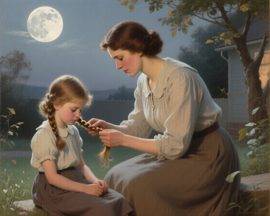 A well-framed scene of a young mother teaching her daughter to braid her hair, under a full moon, in the mid-20th century.