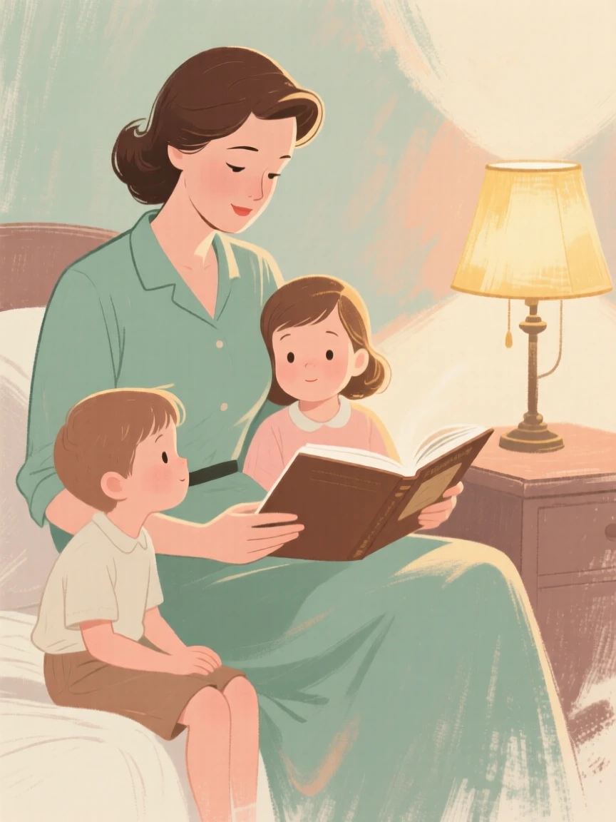 A mother reading a bedtime story to her children by lamplight
