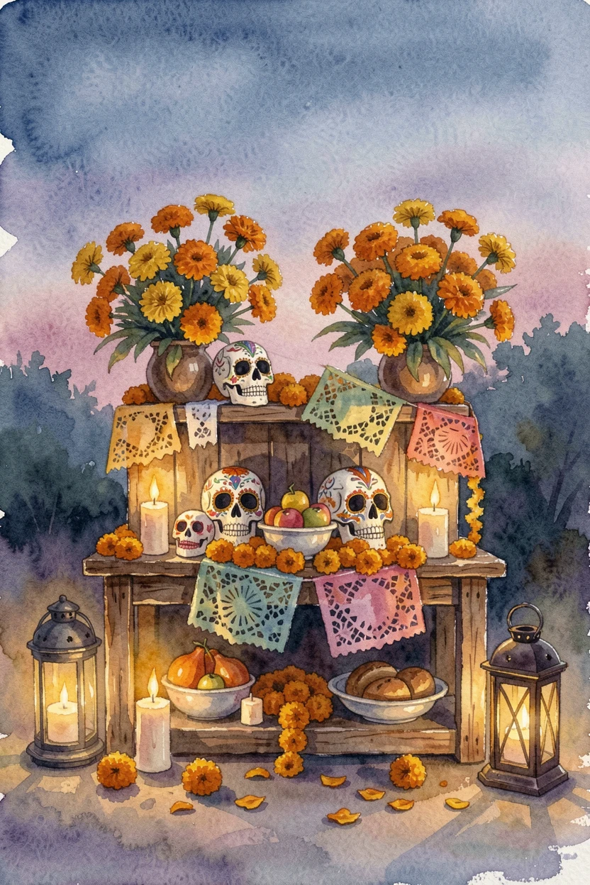 A Day of the Dead altar decorated with marigolds and candles with warm lantern light glowing at dusk.