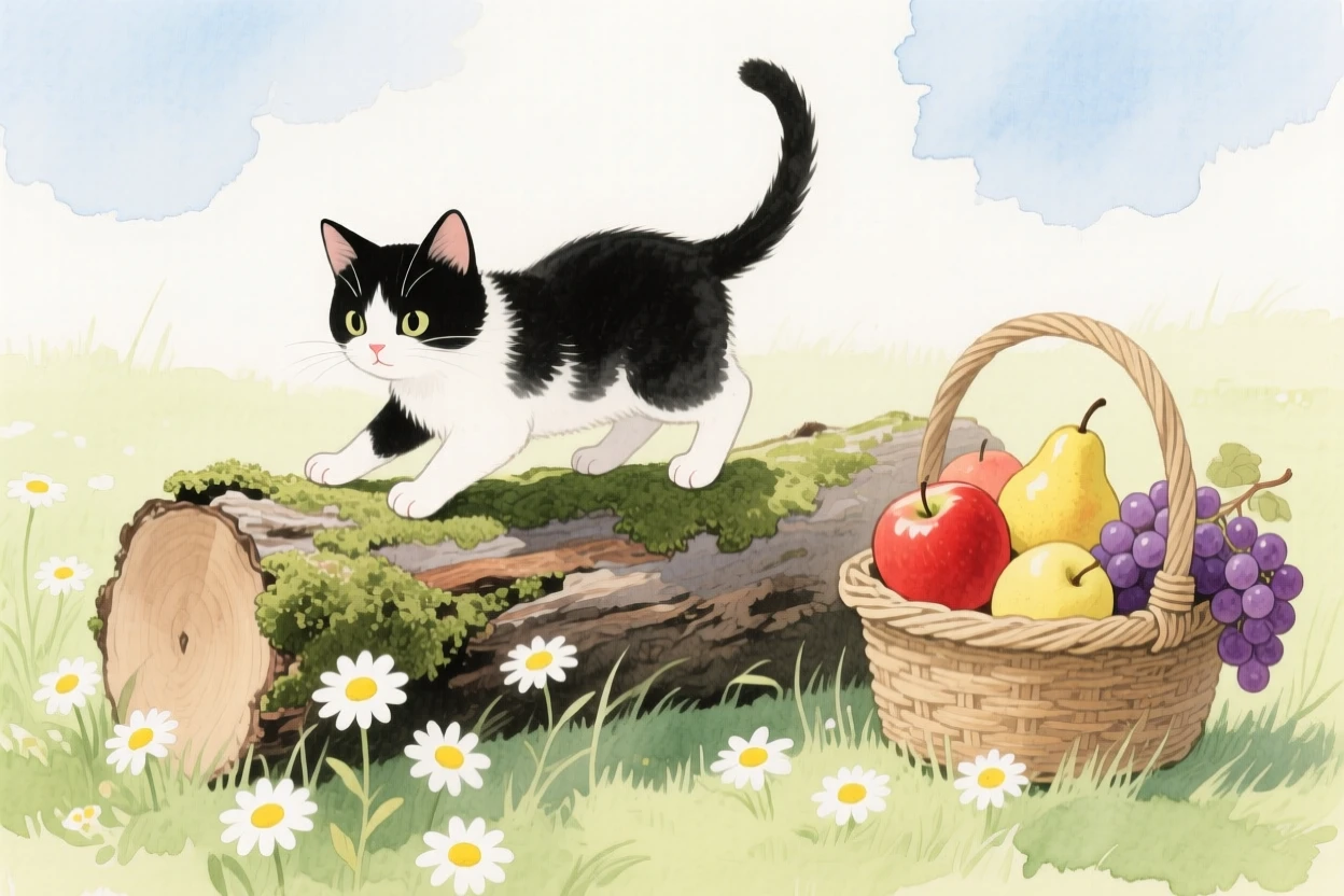 A tuxedo kitten climbs over a mossy log in a meadow full of daisies, beside a basket of ripe fruit