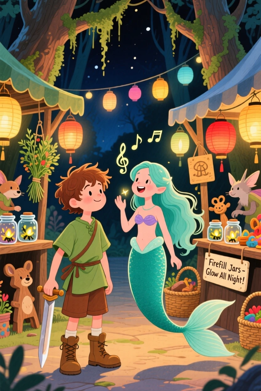 A young boy with a wooden sword and a singing mermaid exploring a lantern-lit night market for woodland folk together.