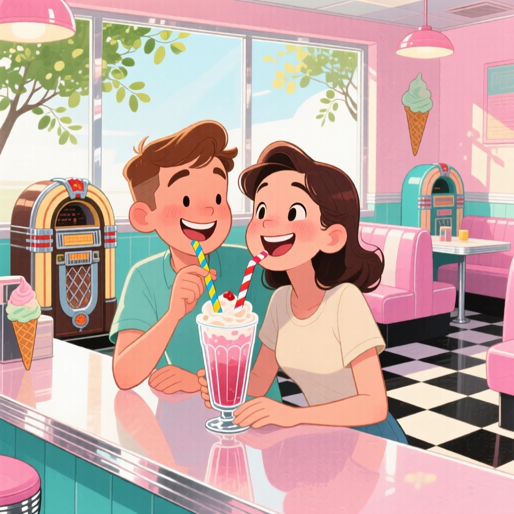 Two best friends sharing a milkshake with two straws at a diner counter, in a retro 1950s-style ice cream parlor, with soft afternoon light filtering through leaves, the sweetness of true friendship.
