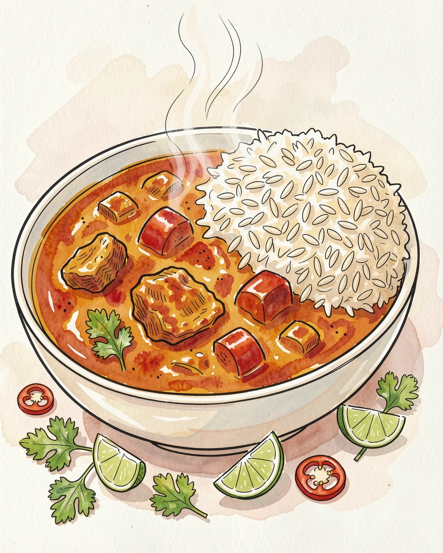 A bowl of vibrant curry served with steaming basmati rice, fresh herbs and garnishes scattered artfully around the dish.