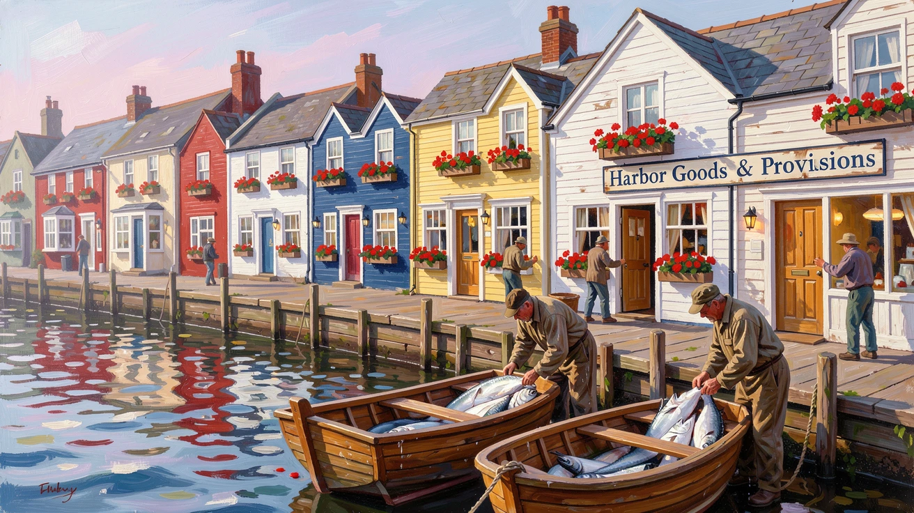 A row of colorful fishing cottages along a harbor, with window boxes overflowing with red geraniums, fishermen unloading their catch at the harbor, in early morning, shopkeepers just opening their doors.