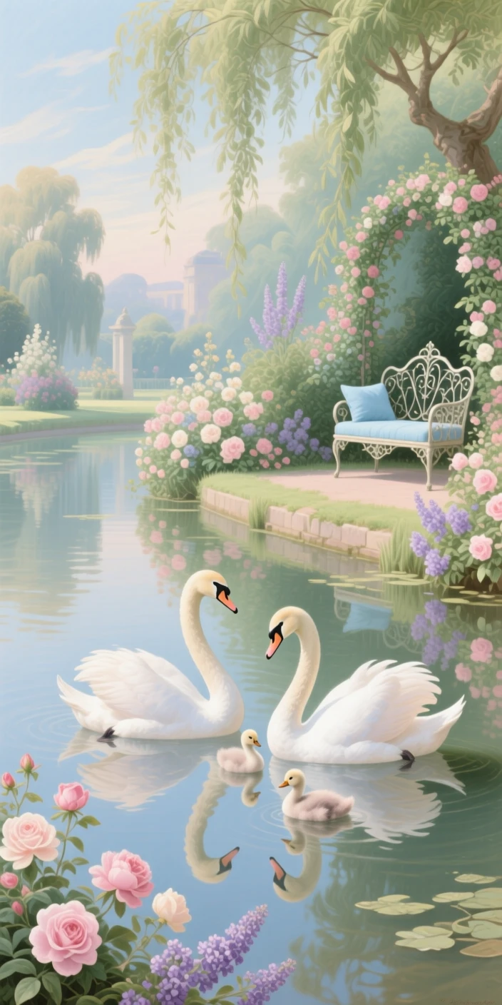 A family of swans reflected in a quiet garden canal  