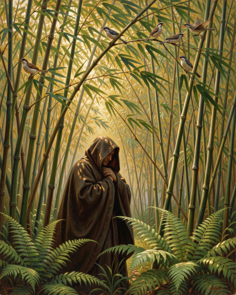 A hooded traveler hides among the ferns of a bamboo grove swaying gently while birds call from the branches.