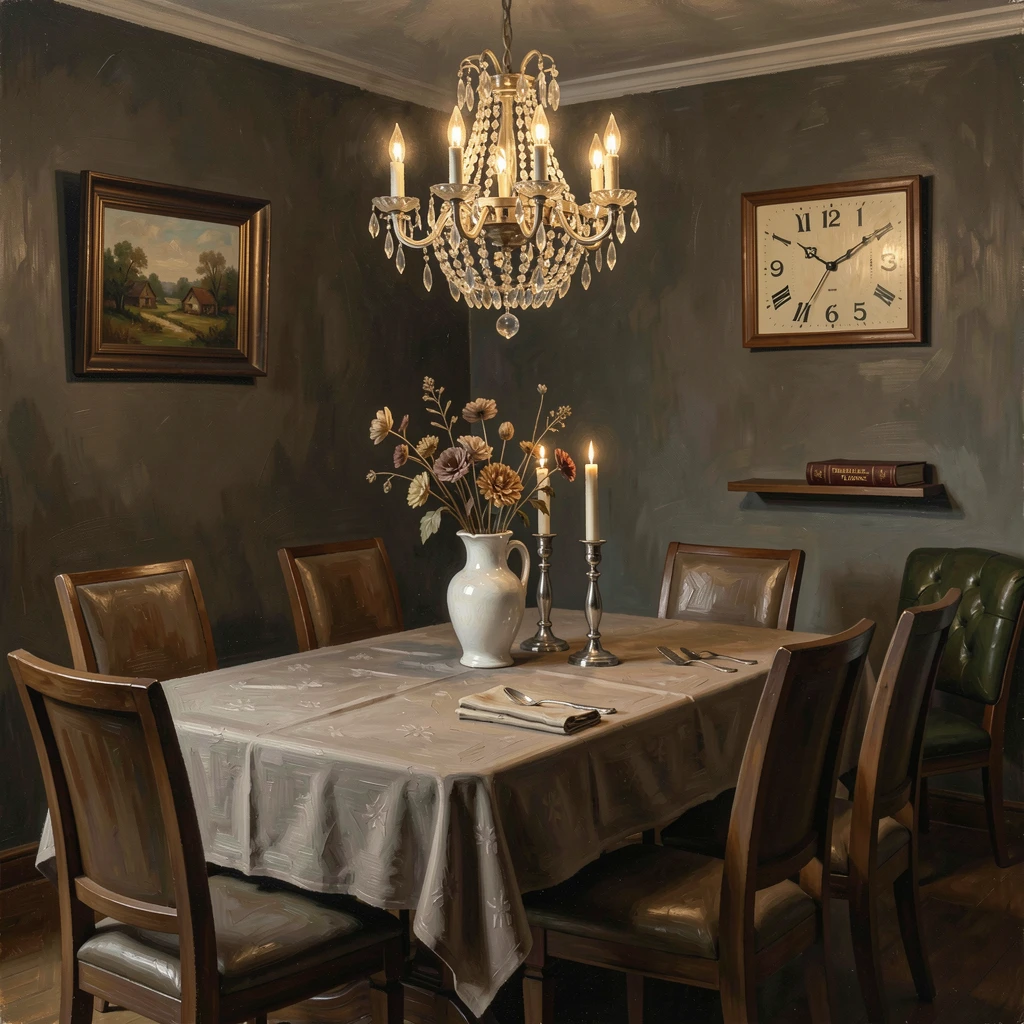 A crystal chandelier casting warm light over an elegant dining table, surrounded by tasteful, understated decorative details, capturing timeless beauty through carefully chosen objects