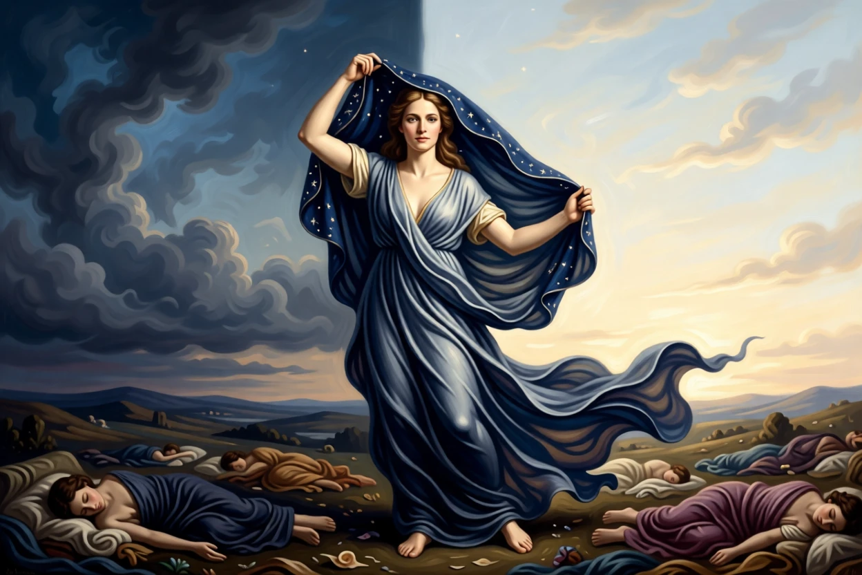 The allegory of Night drawing her starry veil across a sleeping world in a gesture that speaks to all of humanity, set beneath a sky divided between storm and radiant light, with drapery caught in a wind that seems to come from another world; radiating light from the central figure draws every eye inward, radiating timeless wisdom and moral clarity.