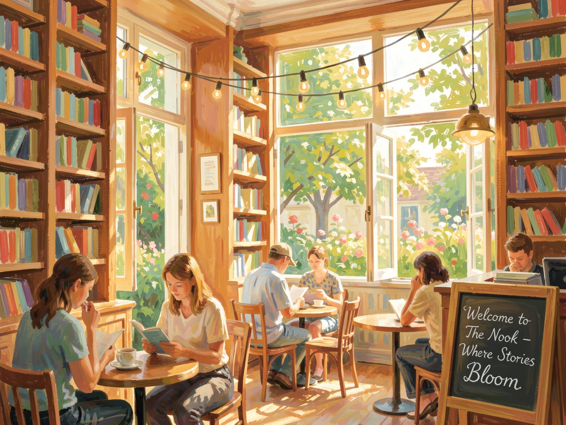 A charming bookshop café where patrons read quietly among towering shelves and hanging string lights, in the lush green of midsummer, filled with warmth and nostalgia.