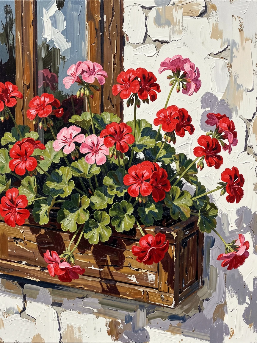 A window box overflowing with geraniums against the backdrop of a whitewashed wall.
