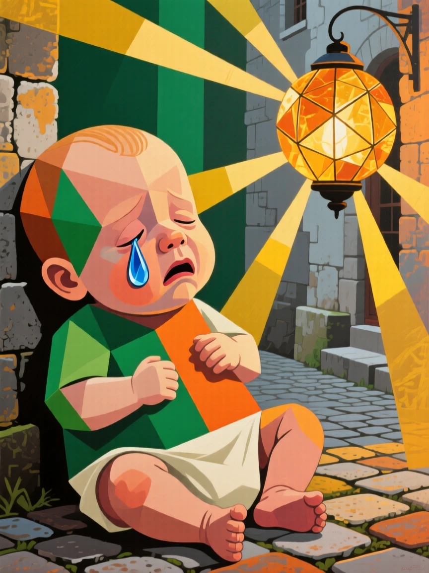 A medium shot of a newborn baby of Irish heritage shedding a single tear of relief, in the glow of a lantern-lit courtyard.