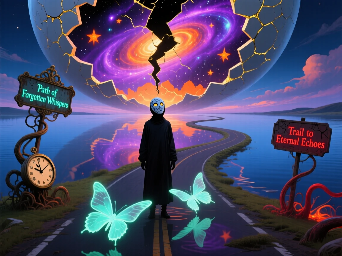 A masked figure standing where two roads become one gazes upward at a sky splitting open like an eggshell, as the ground beneath them slowly turns to still water.