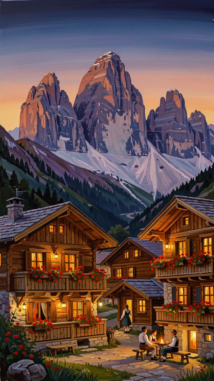 A cozy alpine village in the Dolomites glows warmly at dusk, wooden balconies overflowing with red geraniums against a backdrop of jagged peaks, local life visible in the background, adding a quiet sense of authenticity to the scene.