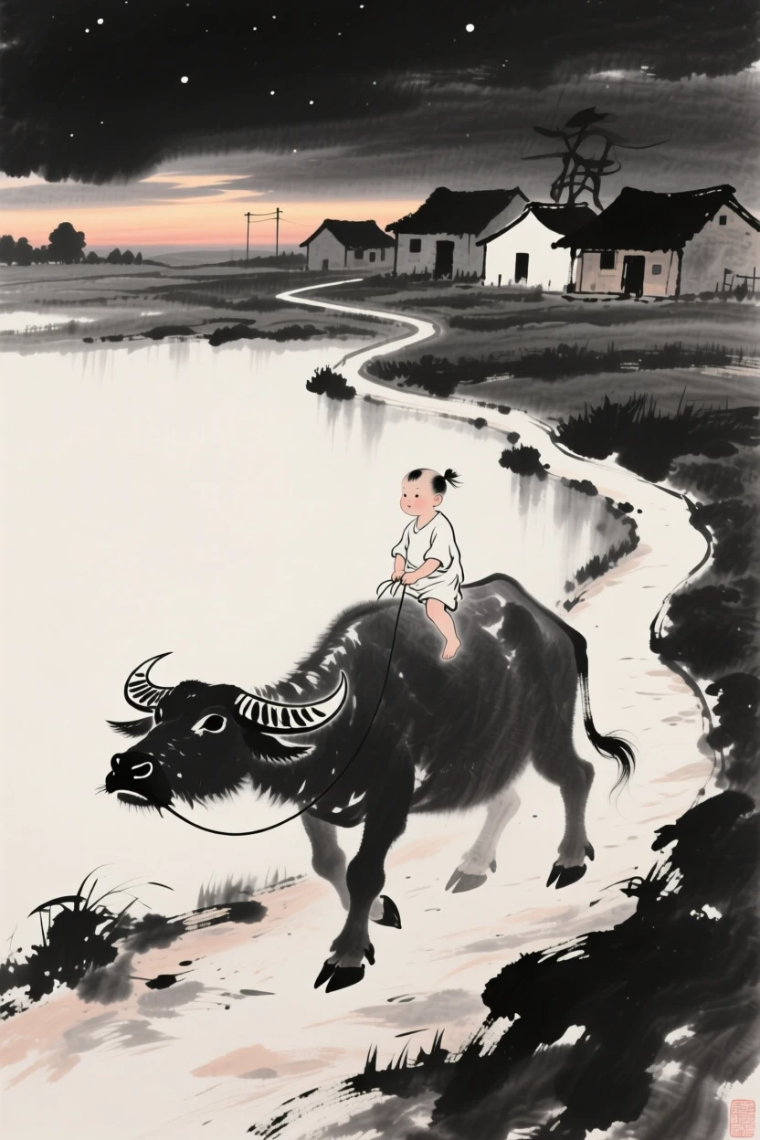 A young child rides on the back of a water buffalo along a country path, as the last light of day fades over the village.