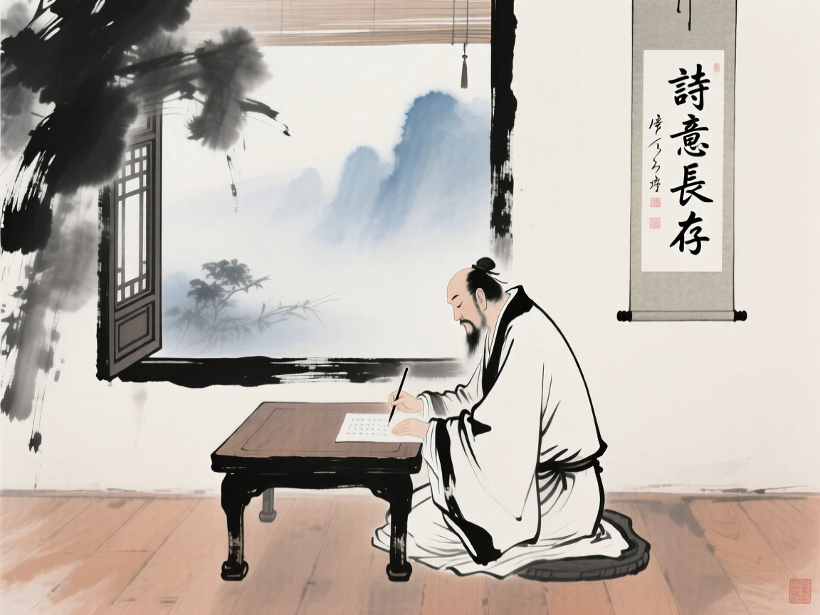 A scholar seated at a low table composing poetry beside an open window, through a light drifting mist, imbued with timeless calm.