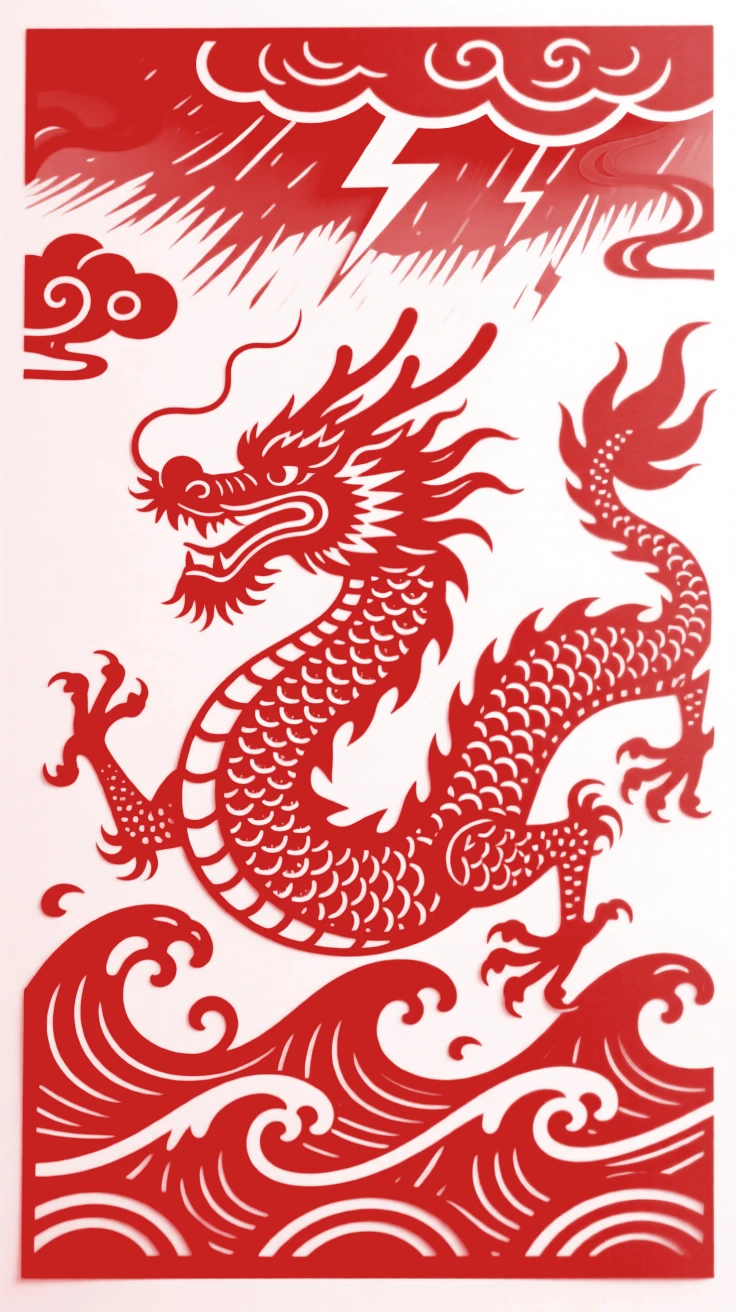 A dragon emerging from ocean waves beneath a stormy sky, scales glinting as it coils toward the heavens