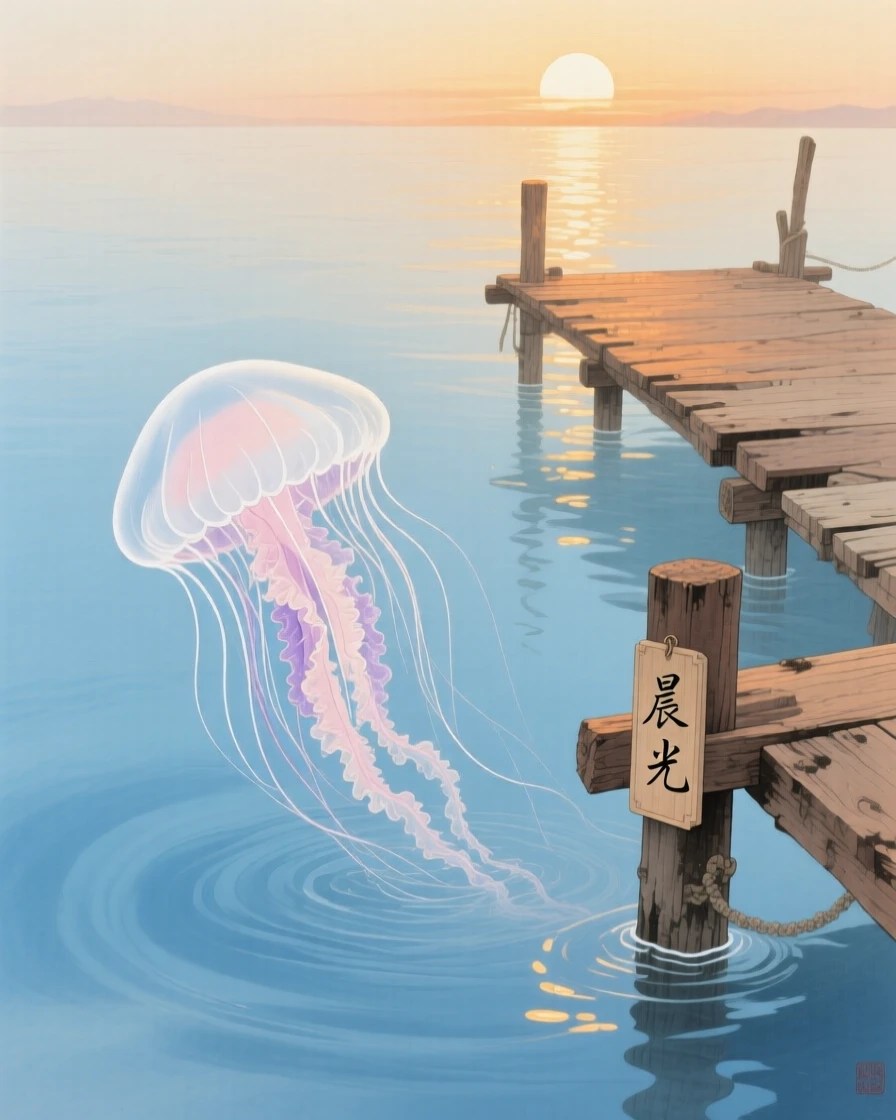 A jellyfish drifting in clear blue water beside a wooden dock at sunrise