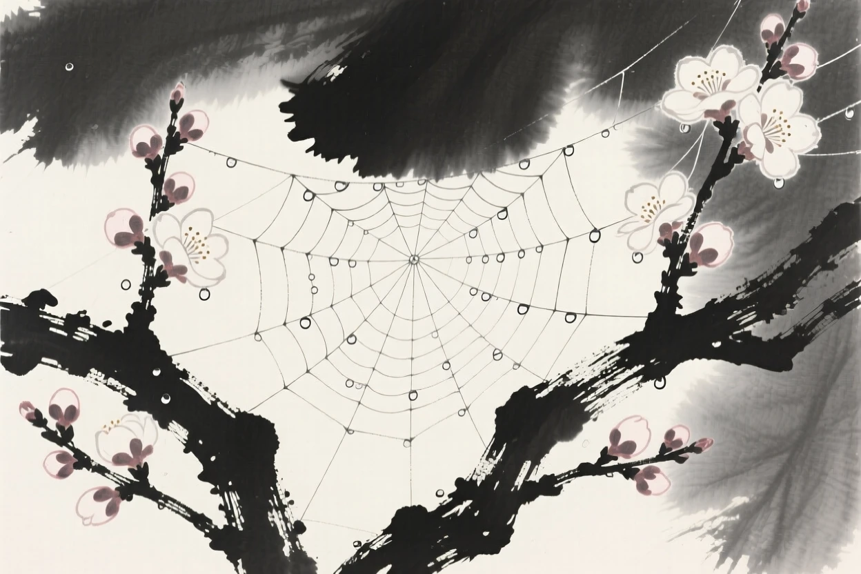 A dew-covered spiderweb strung between two blooming branches, seen from a low angle looking upward, evoking quiet elegance and simple grace.