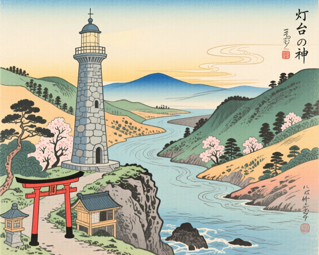 A stone coastal lighthouse overlooking a winding river valley.