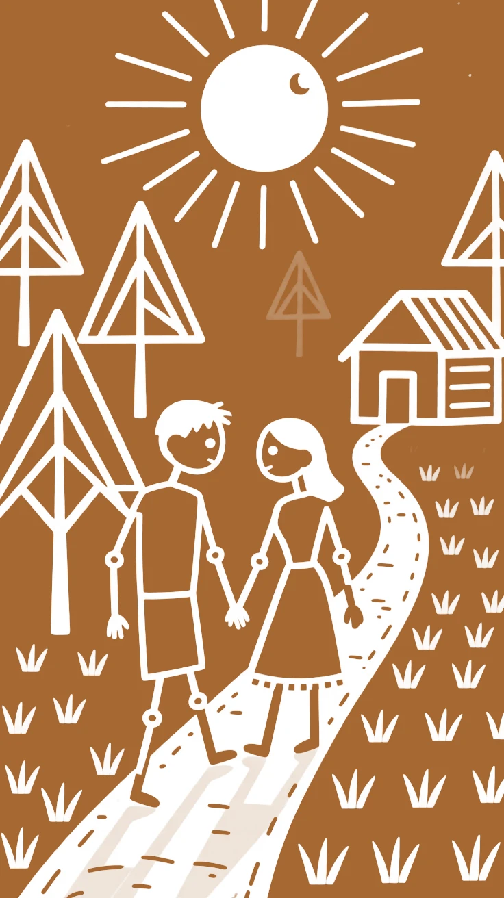 A couple meeting in secret walking together along a moonlit path.