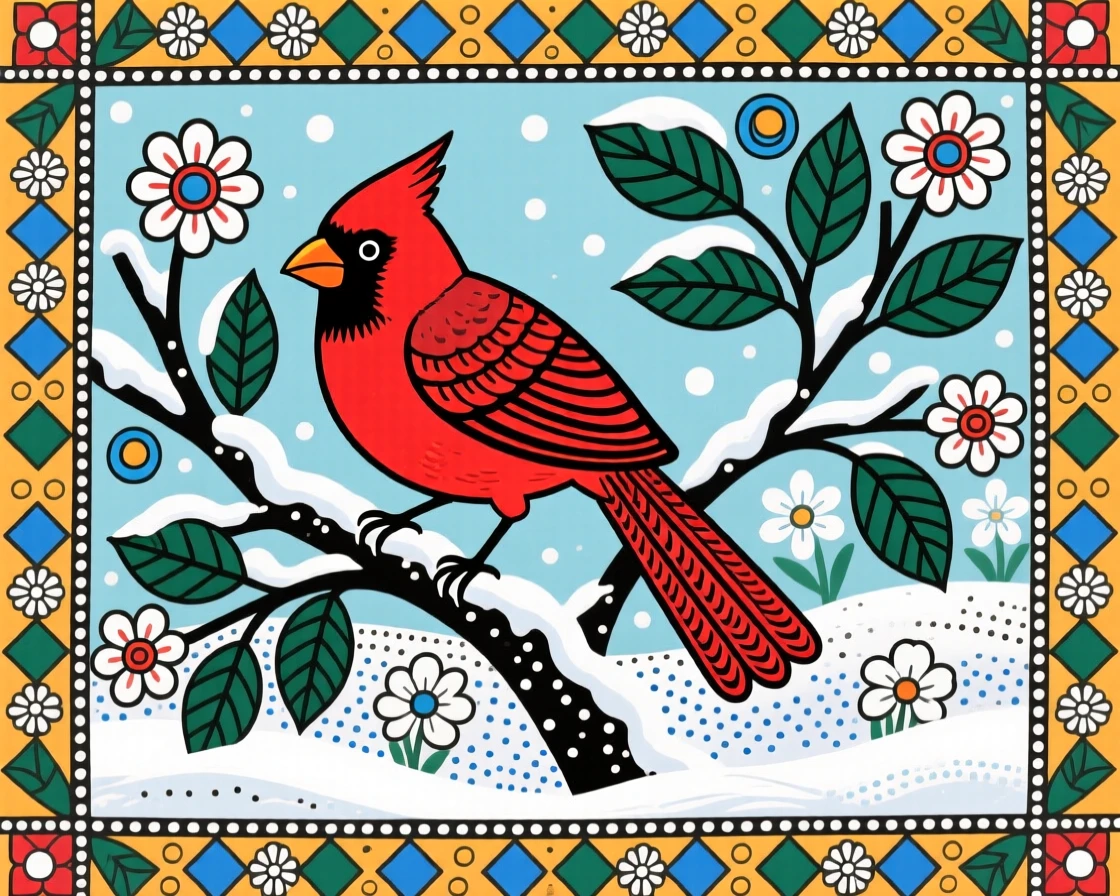 A cardinal resting on a snow-covered branch in a winter garden.