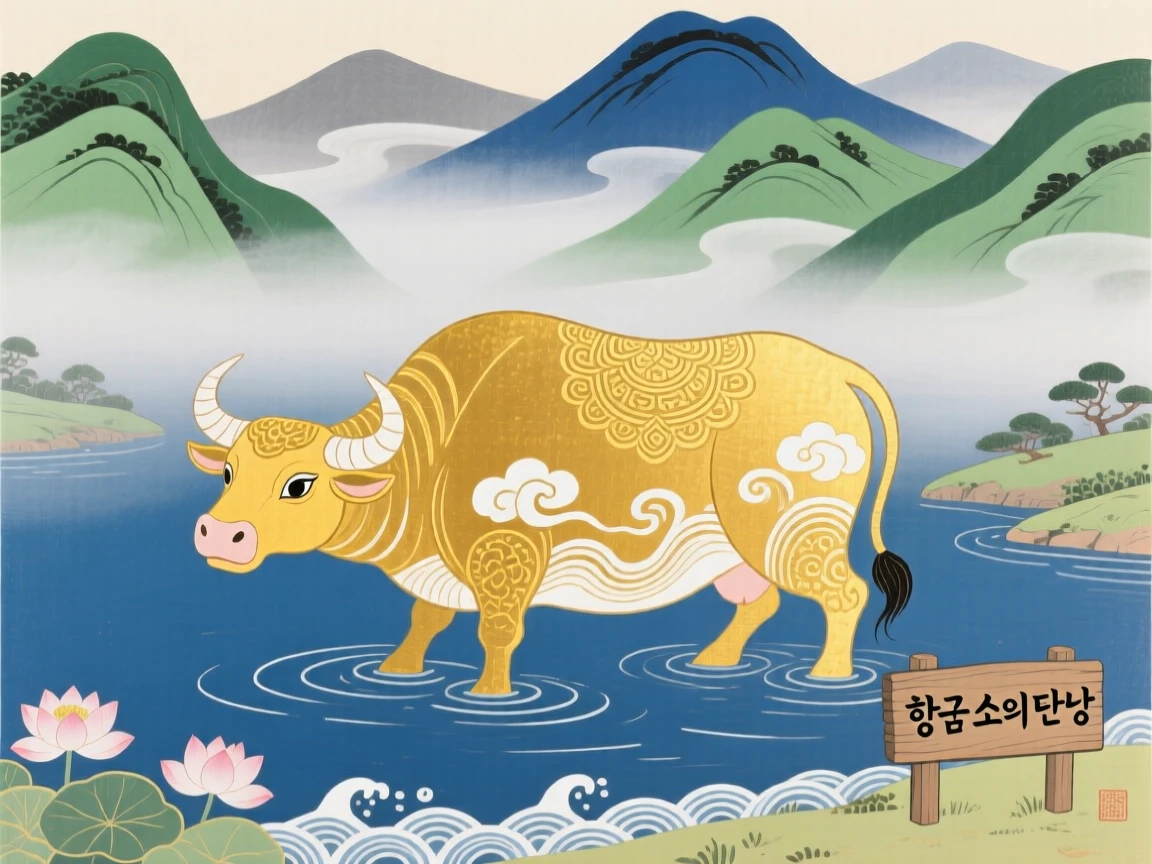 A golden ox emerging from a misty mountain lake.