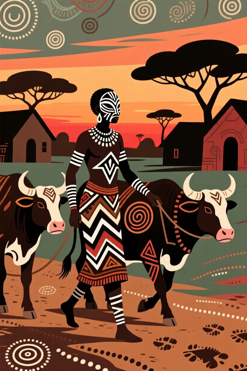 A herder guiding cattle through a village at dusk.