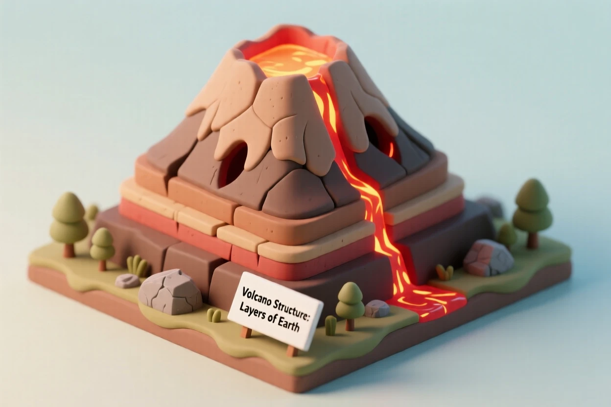 A model volcano diorama for a science class, layers of clay forming the mountain with a red glow simulating lava inside.