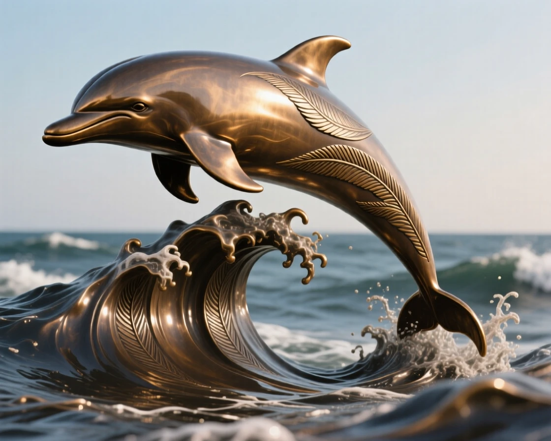 A dolphin leaping through crashing waves, with fine, lifelike detail in fur and feather, evoking wonder and majesty