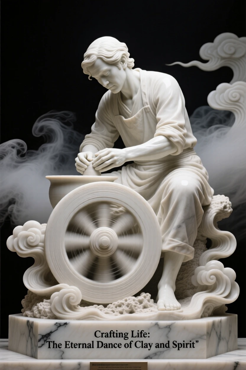 A beautifully composed image of a potter shaping clay on a spinning wheel, amid swirling clouds and mist, full of atmosphere and visual storytelling