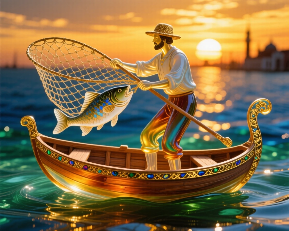 A lone fisherman casting his net from a wooden boat at golden sunset, peaceful and timeless.