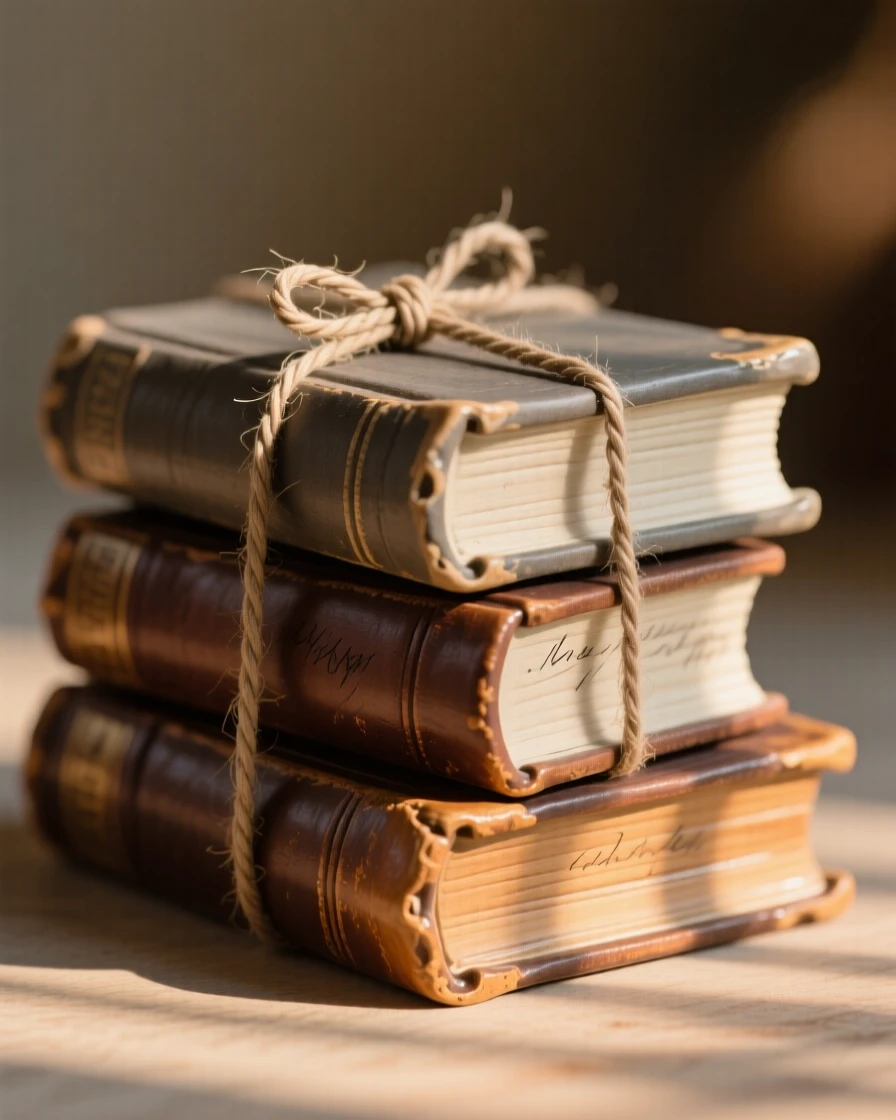 A stack of antique books tied with twine arranged as a still, contemplative scene, surrounded by soft shadows and warm tones, stirring fond memories of simpler times.