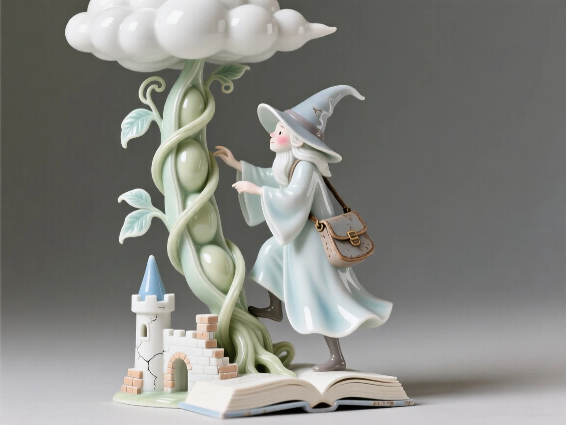 A whimsical scene of a wandering wizard climbing a beanstalk into the clouds in a crumbling storybook castle.