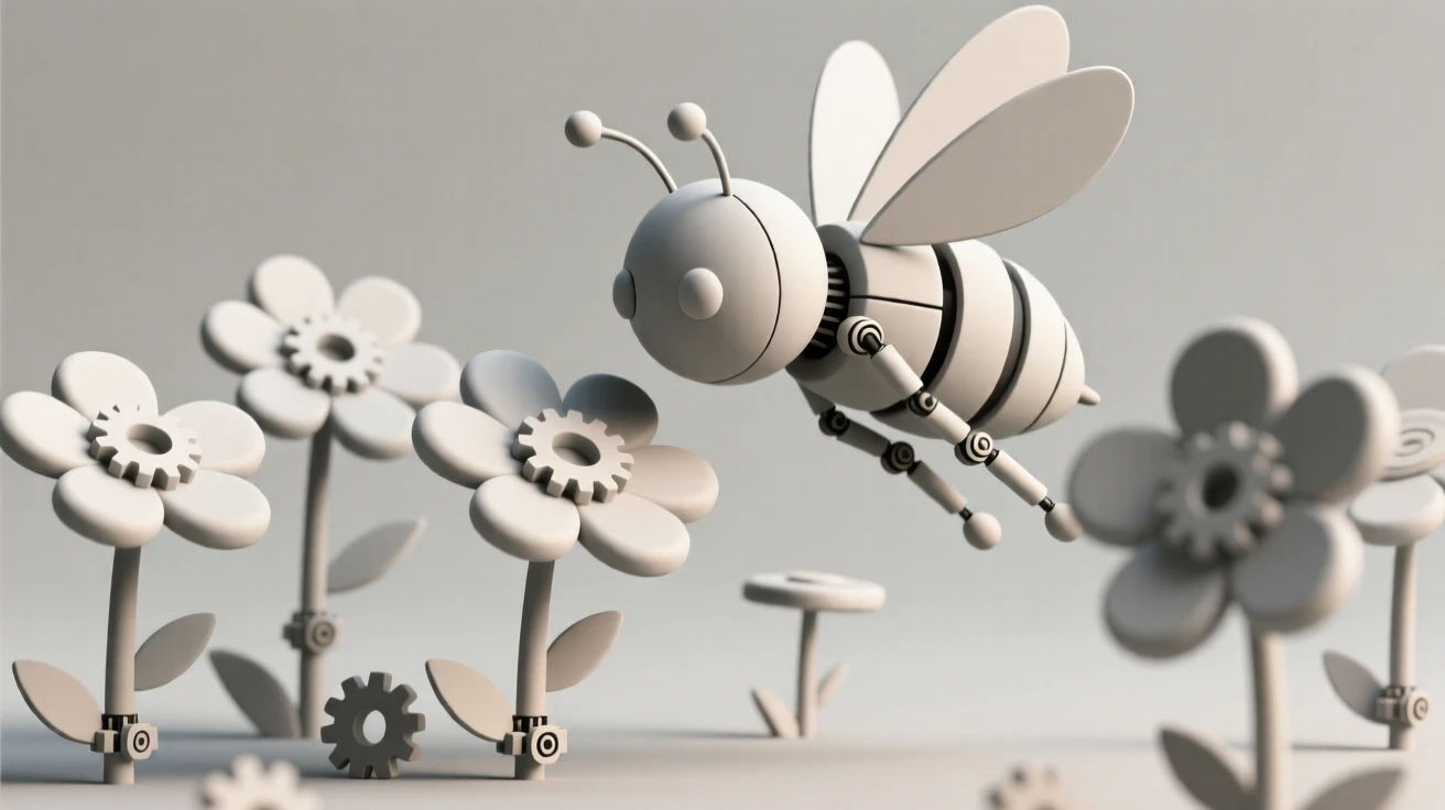 A curious tiny robot bee pollinates a garden of mechanical flowers, gears clicking softly with each visit.