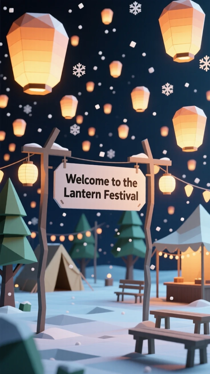 A lantern festival with hundreds of glowing paper lanterns, as snow gently falls. small charming details enrich the festive setting. There is a joyful, festive energy in the air.