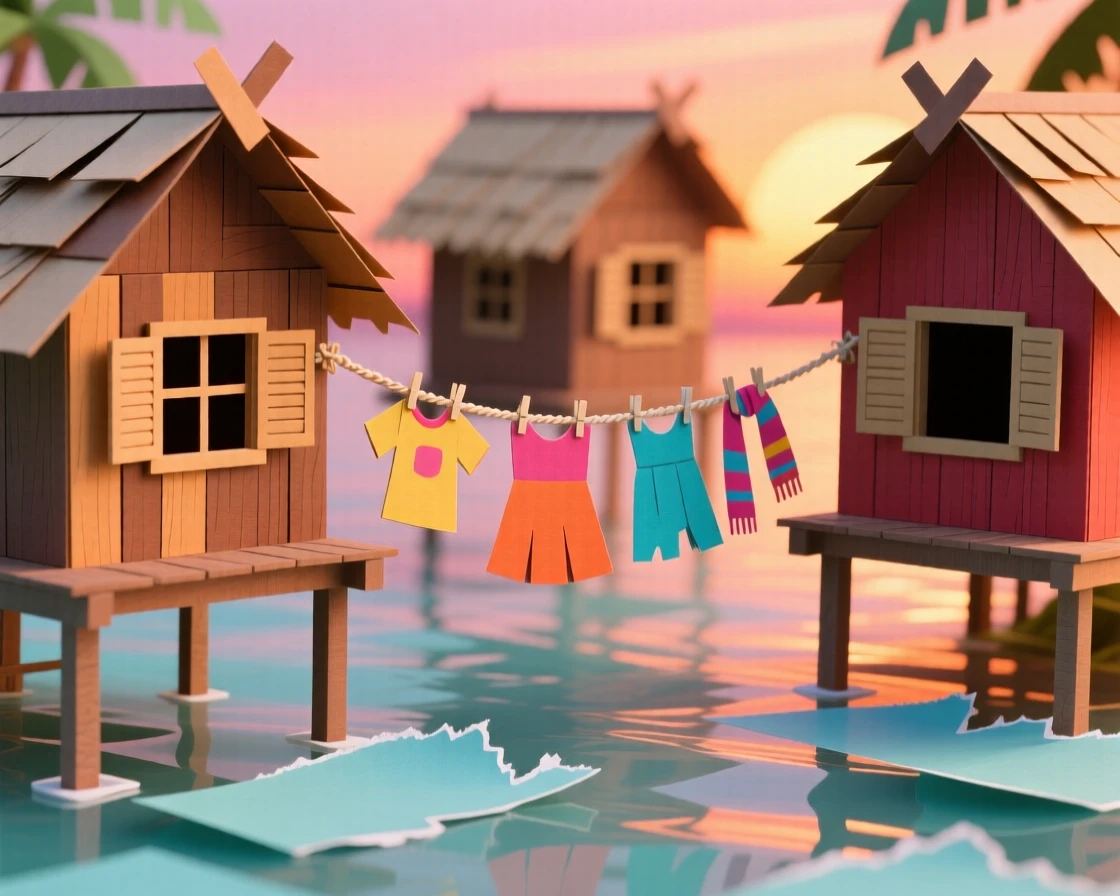 A tropical stilt village over clear water glowing warmly at sunset, with laundry lines strung between windows, conveying vibrant local energy.
