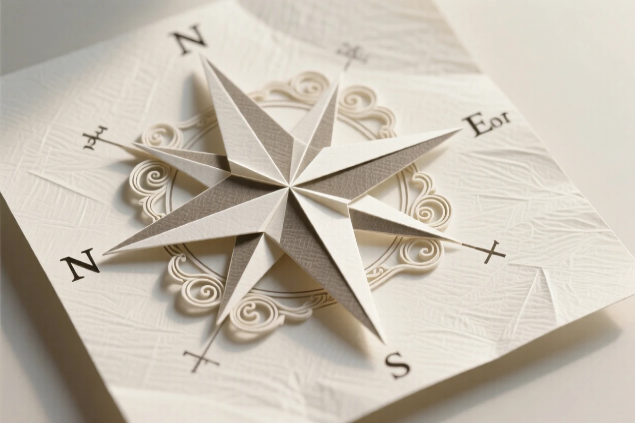 A decorative compass rose design with ornate flourishes at each cardinal point.