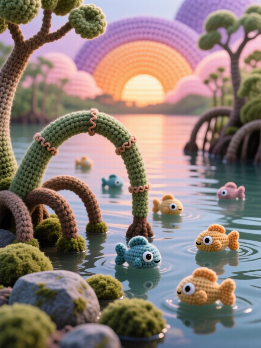 a quiet mangrove waterway, with roots arching into calm water, home to small darting fish under a sky painted in warm sunset colors; a cluster of soft mossy rocks completes the scene, full of gentle awe at nature's quiet grandeur.