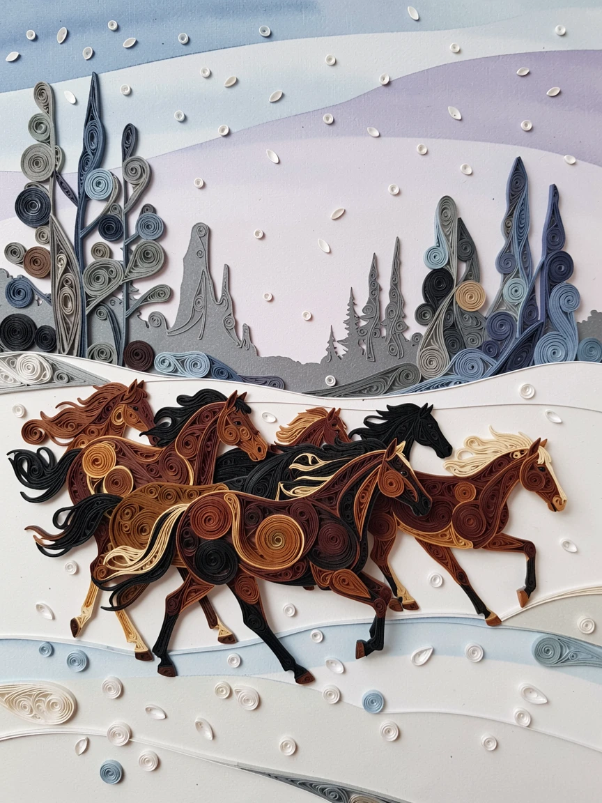 a herd of wild horses galloping across an open plain, beneath tall shadowy silhouettes in the distance, framed in a dramatic silhouette against the sky, surrounded by softly falling snow.