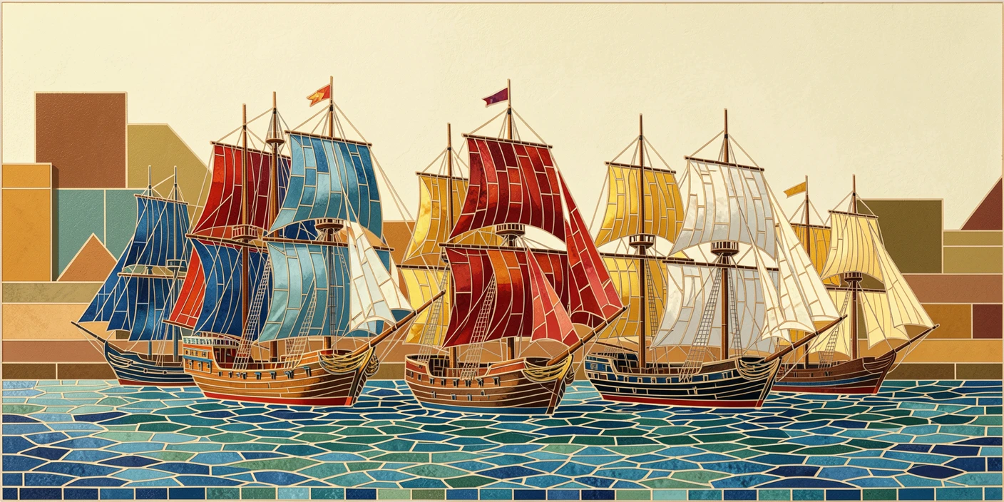 A colorful array of traditional sailing ships in a historic harbor.