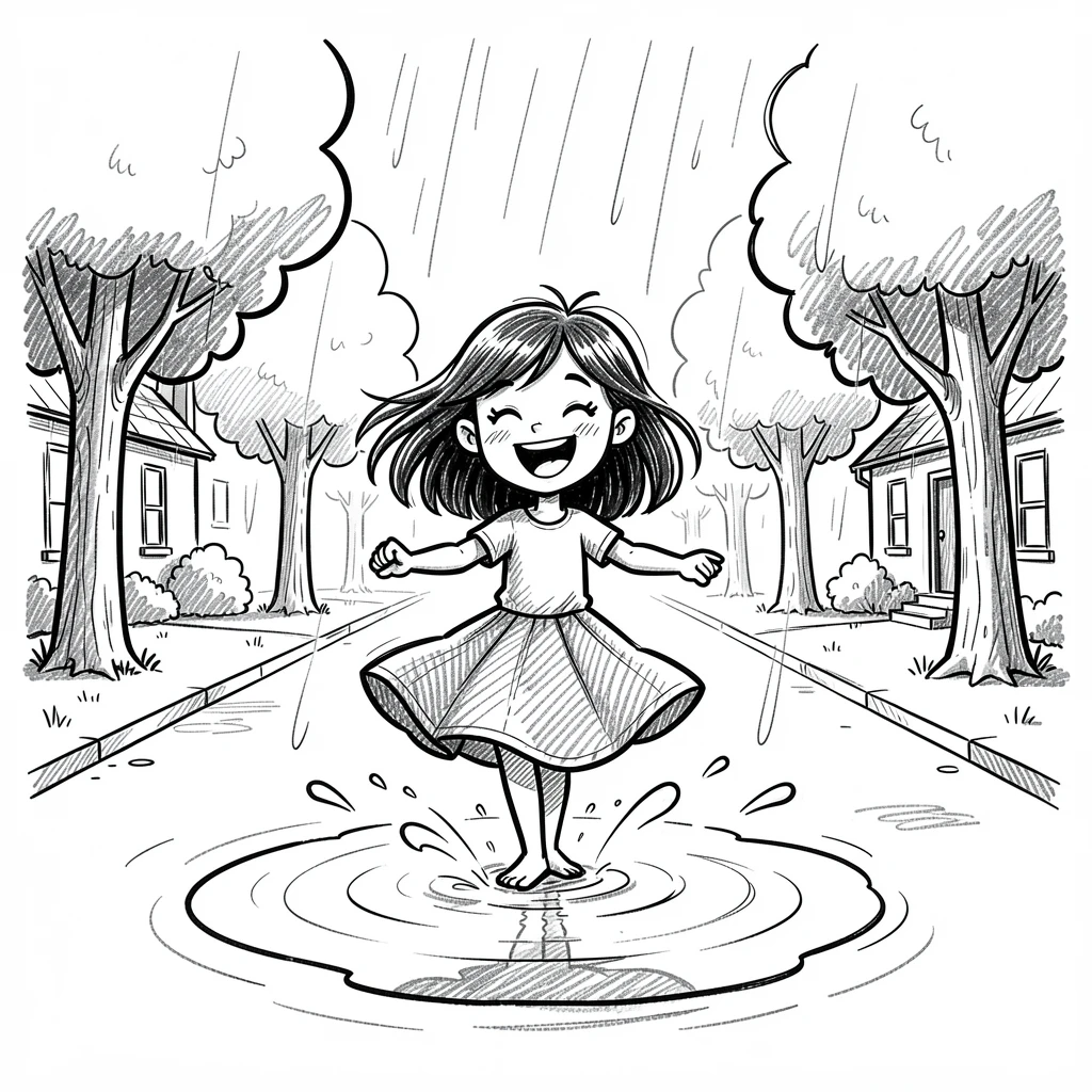 A little girl twirling in a rain puddle on a tree-lined neighborhood street.