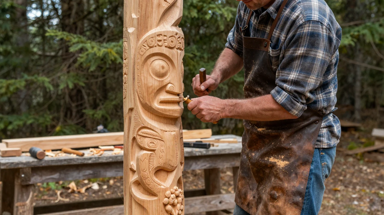 A woodcarver shaping an intricate totem pole